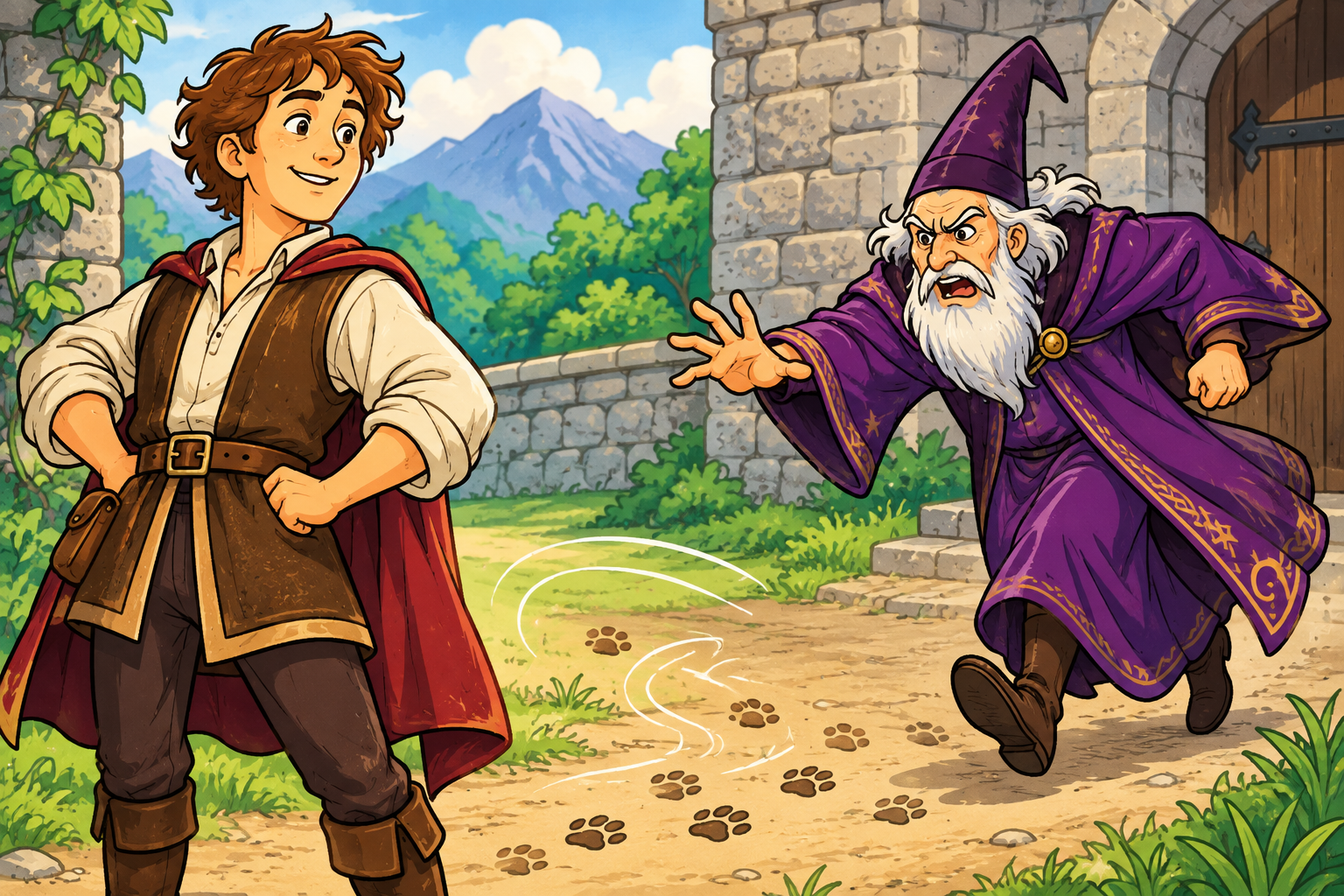 Illustration of Delmar standing confidently while wizard Trikken chases invisible footprints.