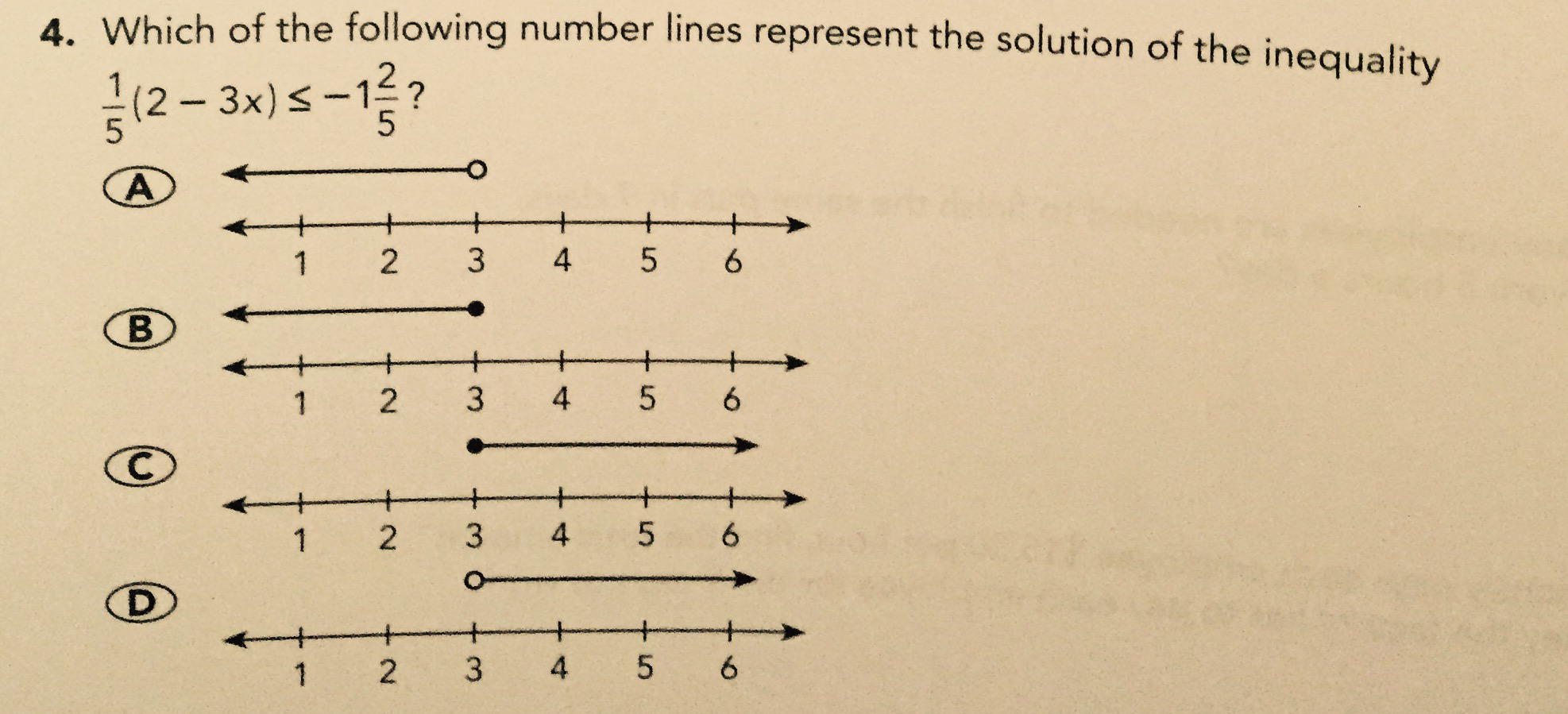Number line answer choices for question 4