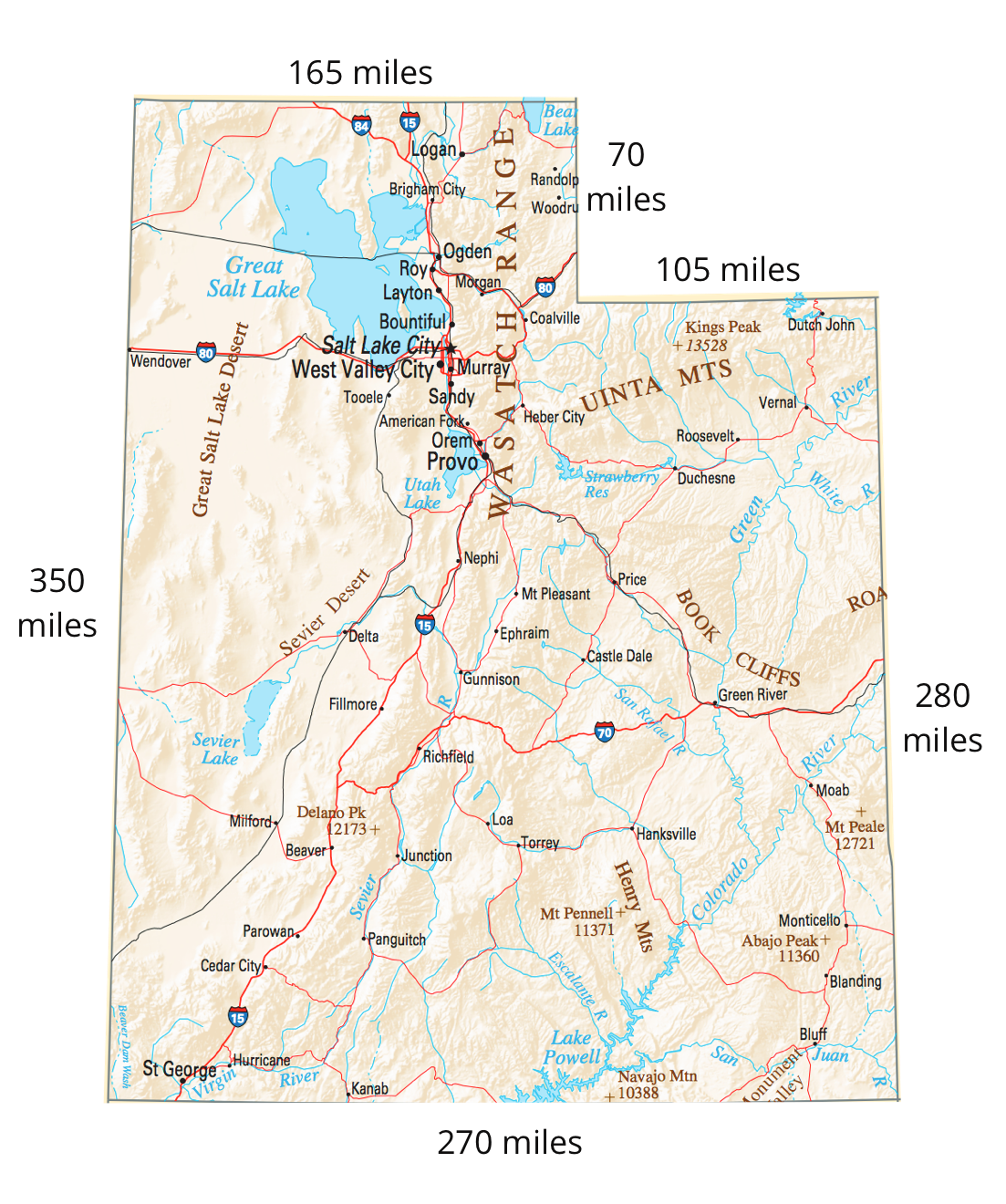 null Map of Utah showing distances along the sides: 165 miles at the top, 70 miles and 105 miles on the upper right, 280 miles on the right, 270 miles at the bottom, and 350 miles on the left.