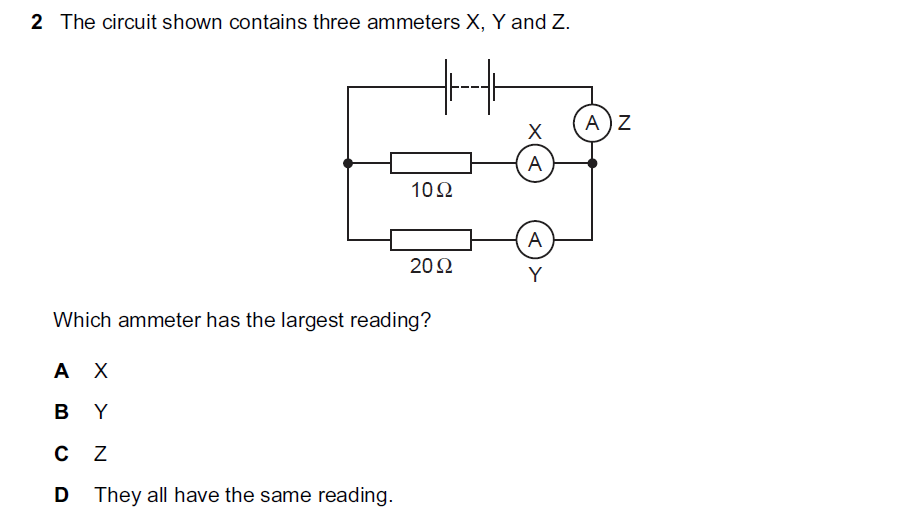 Circuit with three ammeters X, Y and Z