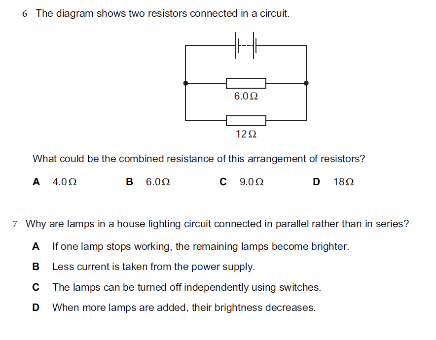 Circuit diagram with two resistors of 6.0 ohms and 12 ohms connected in parallel