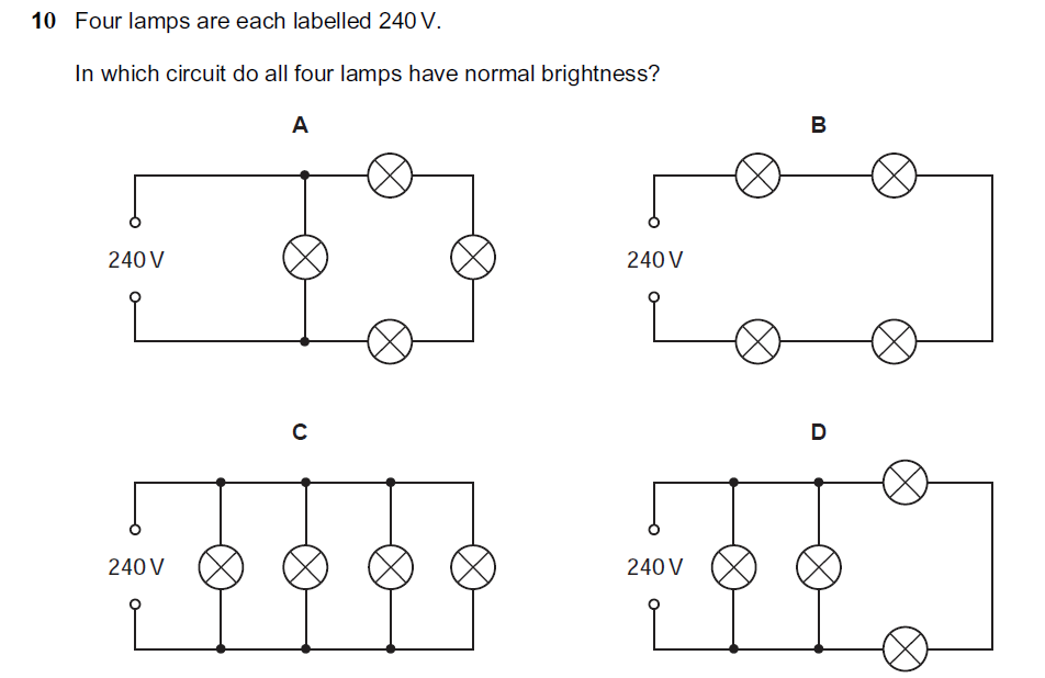 Four circuit diagrams A, B, C and D each containing four lamps and a 240 V supply.
