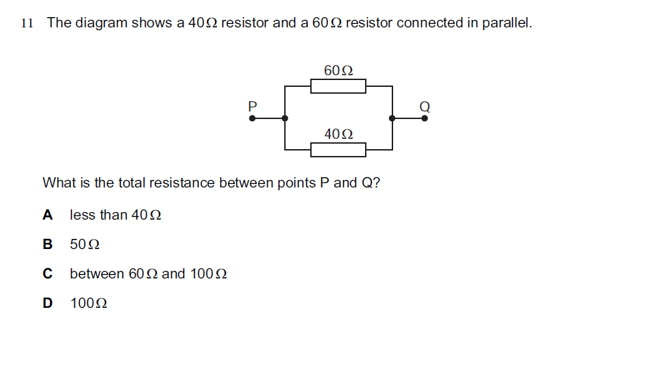 Circuit diagram showing a 40 ohm resistor in parallel with a 60 ohm resistor between points P and Q.