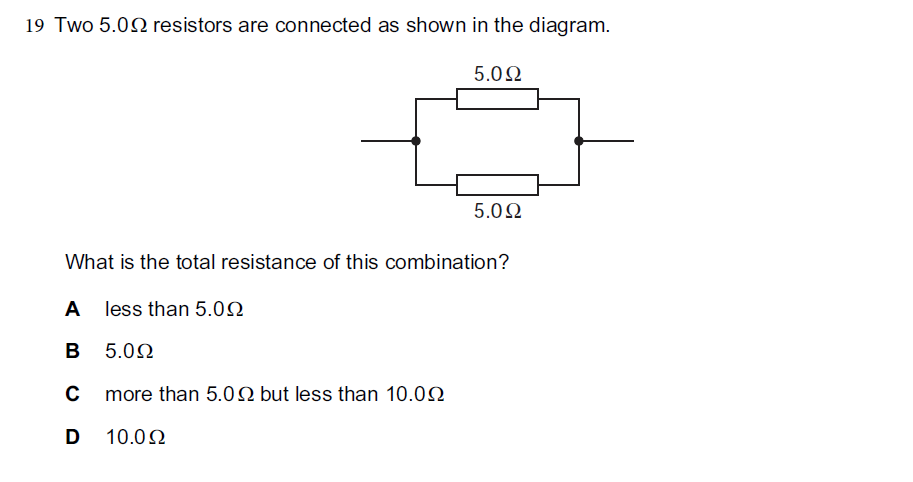 Two 5.0 ohm resistors connected in parallel
