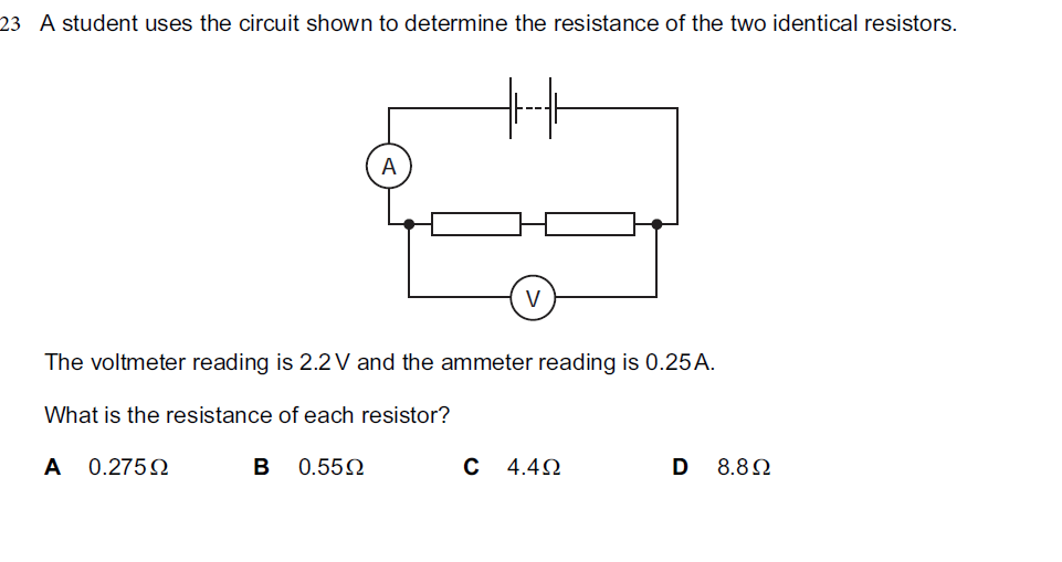 Circuit with battery, ammeter and two identical resistors with voltmeter across them