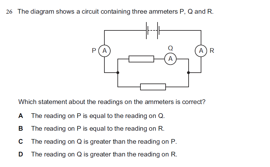 Circuit containing three ammeters P, Q and R