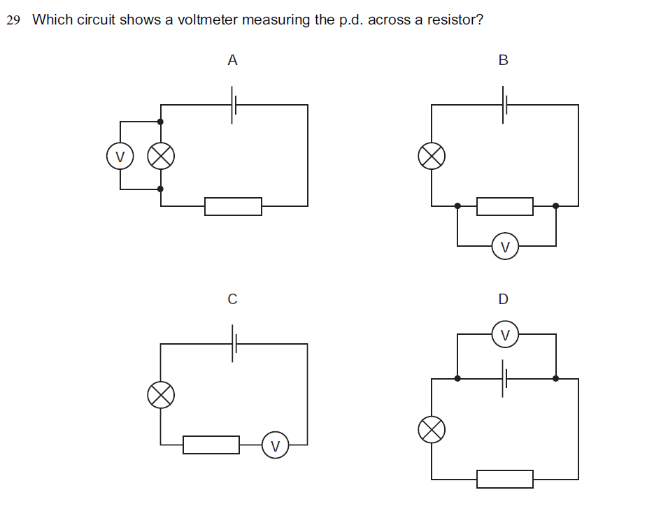 Four circuit diagrams labelled A, B, C and D showing positions of a voltmeter and a resistor