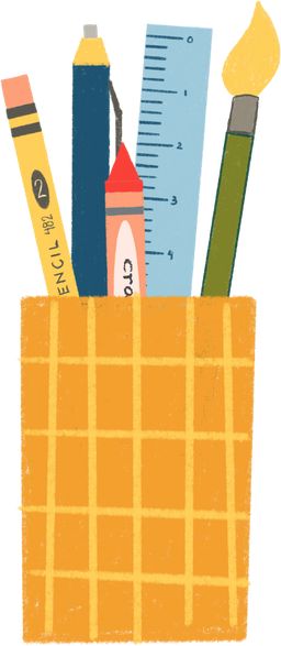 Cup holding pencils, ruler, and a paintbrush.