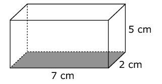 Right rectangular prism with edge lengths labeled 7 centimeters, 5 centimeters, and 2 centimeters.