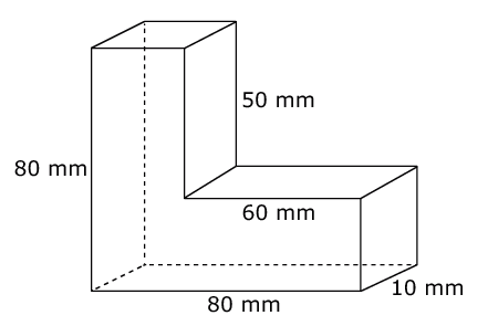 L-shaped solid made from two joined right rectangular prisms with dimensions labeled 80 mm, 80 mm, 50 mm, 60 mm, and 10 mm.